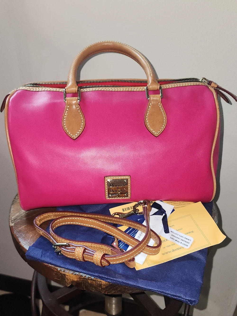Dooney & Bourke Hot Pink Smooth Soft Leather Satchel Tan Handles Barrel Purse
